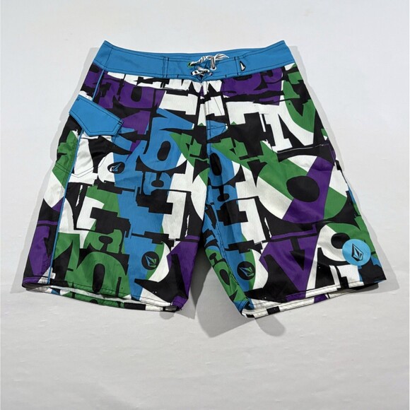 Volcom Board Shorts Men Blue Bright Graffiti Print Surf Skate Streetwear Sz 34 - Picture 1 of 10